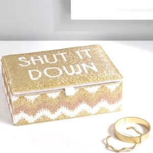 POTTERY BARN 🪞RARE Rachel Zoe! Jewelry box!”Shut it down” beaded gold white NEW